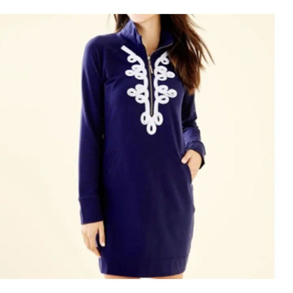 Lilly Pulitzer "Skipper" Navy w/White Embroidery 1/4 Zipper Cotton Dress size XS